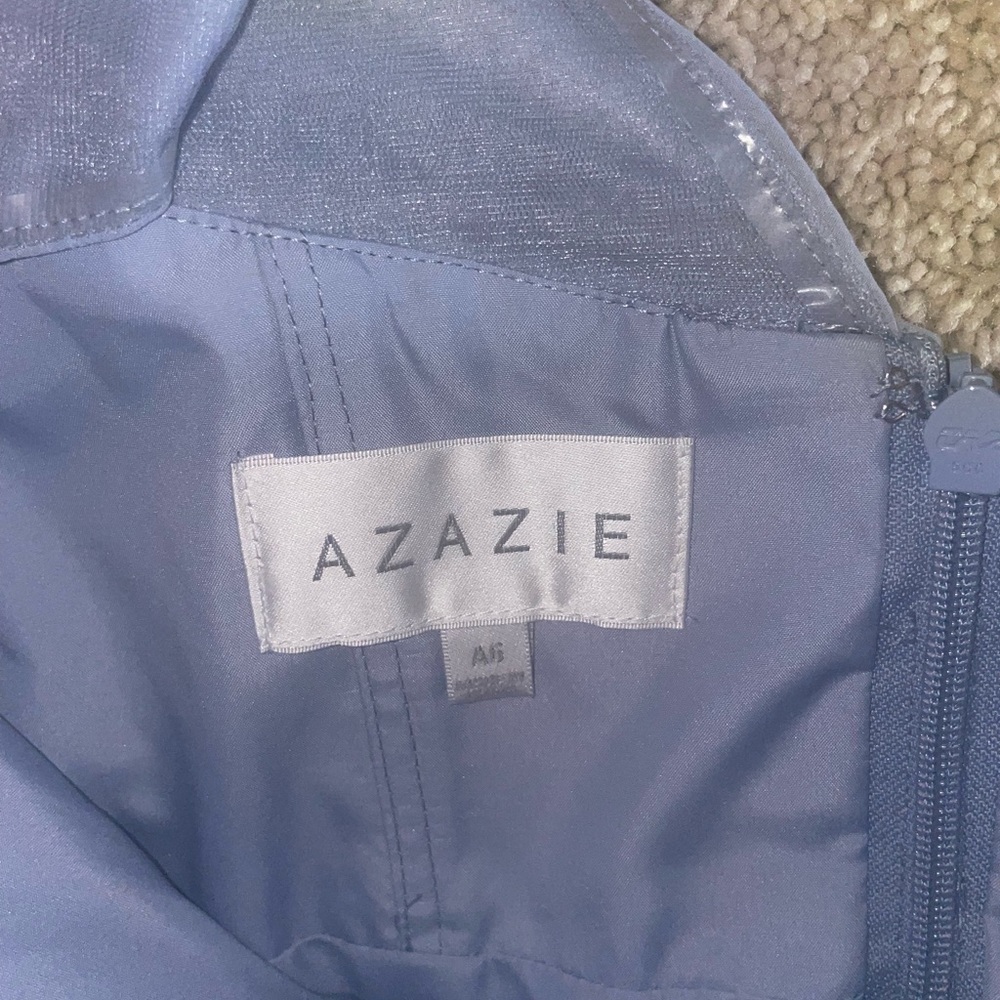 Azazie one shoulder, empire waist bridesmaid dress in dusty blue. Size 6